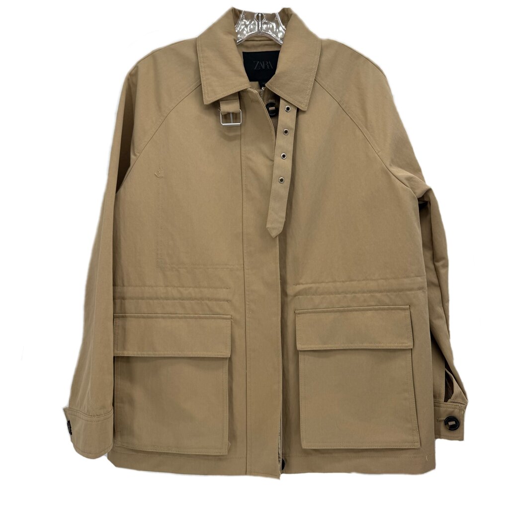 Tan utility jacket with button front, notch collar, flap chest pockets