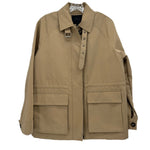 Tan utility jacket with button front, notch collar, flap chest pockets