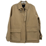 Tan utility jacket with button front, notch collar, flap chest pockets