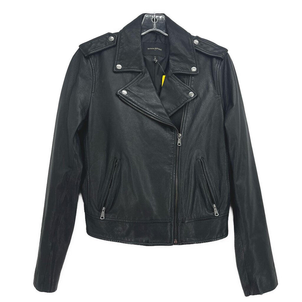 Black leather motorcycle jacket with zip front, snap lapels, and chest pockets