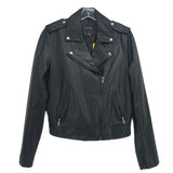 Black leather motorcycle jacket with zip front, snap lapels, and chest pockets