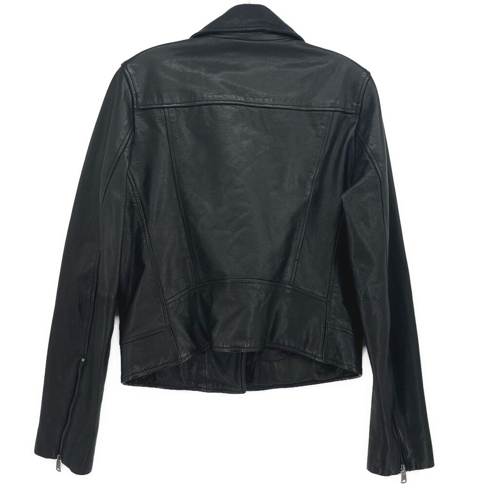 Black leather motorcycle jacket back view with belt tabs and zip details