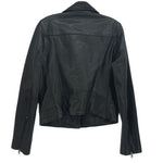 Black leather motorcycle jacket back view with belt tabs and zip details