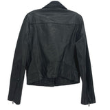 Black leather motorcycle jacket back view with belt tabs and zip details