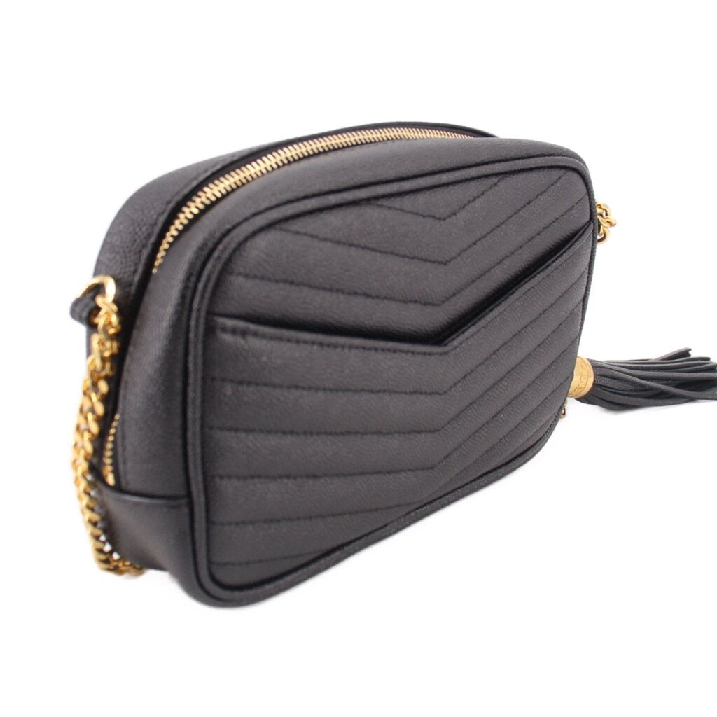 Saint Laurent mini Lou camera crossbody bag, black quilted side with gold zipper and chain