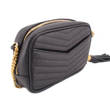 Saint Laurent mini Lou camera crossbody bag, black quilted side with gold zipper and chain