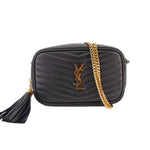 Saint Laurent mini Lou camera crossbody bag in black quilted leather with gold chain