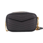 Saint Laurent mini Lou camera crossbody bag, black quilted top view with gold chain strap