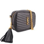 Saint Laurent mini Lou camera crossbody bag, black quilted front with gold YSL logo