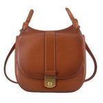 Cognac leather crossbody bag with center lock and adjustable shoulder straps