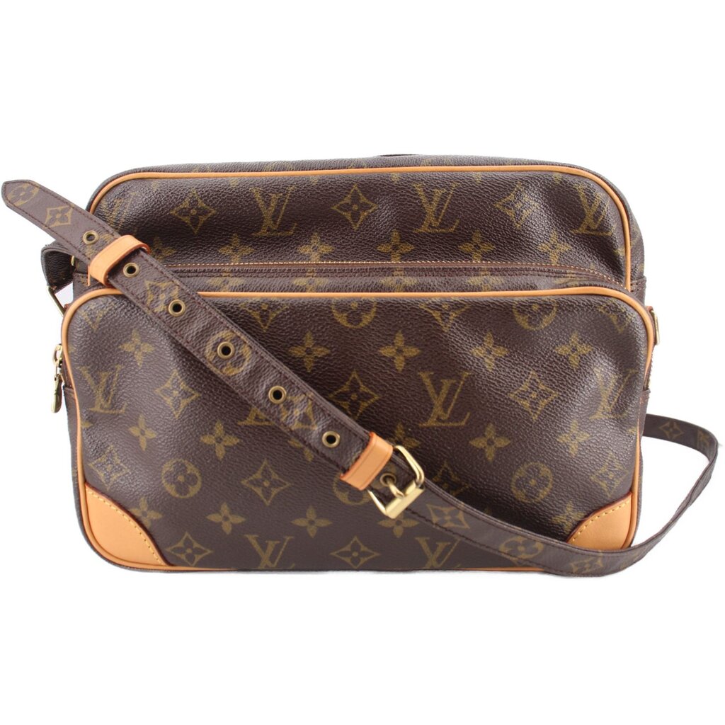 Louis Vuitton monogram crossbody bag with top zip and tan leather-trimmed strap