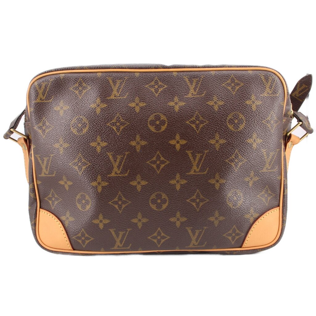 Monogram crossbody bag front view with tan edges and top zipper