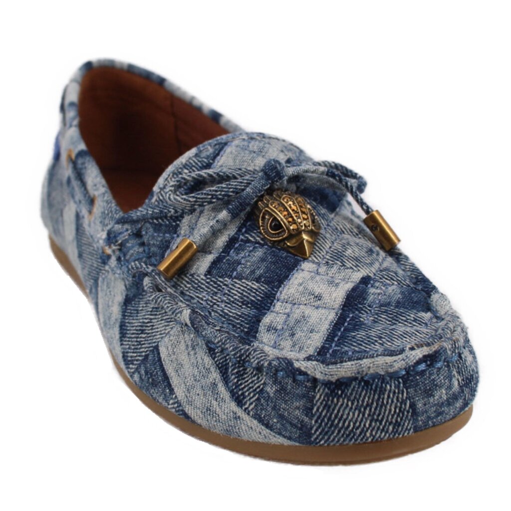 Kurt Geiger denim loafers, blue patchwork with gold-tone hardware and lace ties