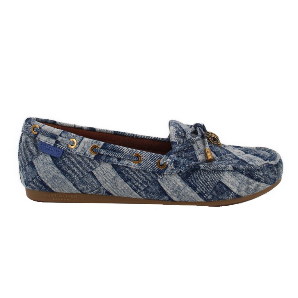 Blue denim loafers with lace-up grommets and textured bow-front detail