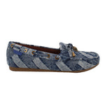 Blue denim loafers with lace-up grommets and textured bow-front detail