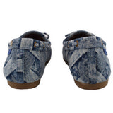 Blue denim loafers with back collar and small strap detail at heel
