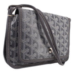 Gray patterned crossbody wallet with flap, front snap, and adjustable shoulder strap