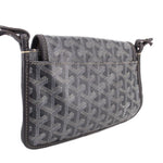 Gray patterned crossbody wallet with long strap and structured flap closure