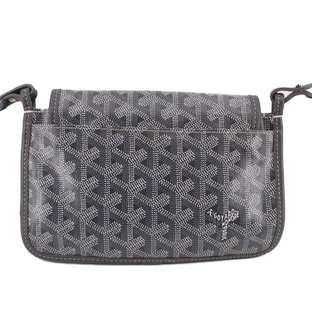 Gray patterned crossbody wallet with flap and leather trim, front logo patch