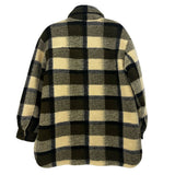 Plaid flannel zip-front jacket with stand collar, tan and dark green check pattern, back view