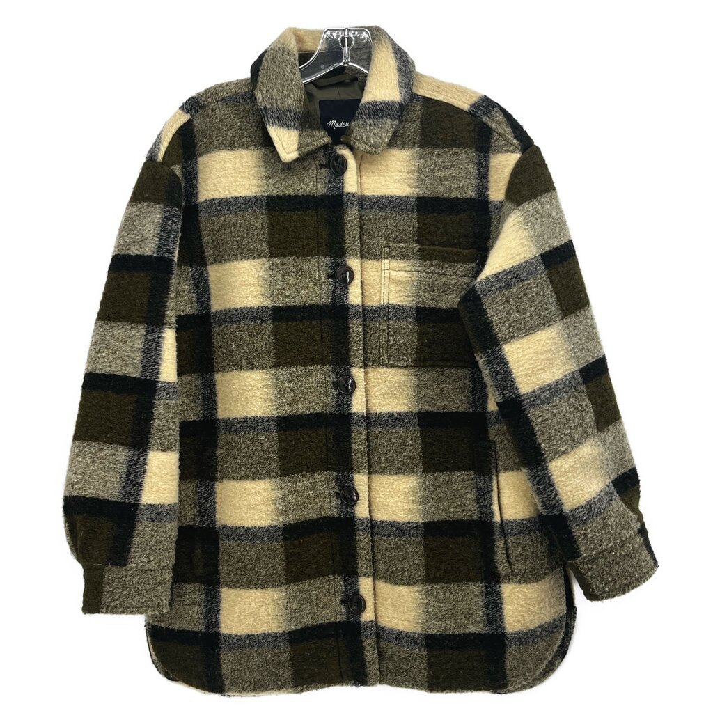 MADEWELL plaid wool-blend jacket with front zipper and collar, tan and dark green