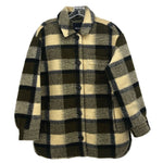 Plaid flannel zip-front jacket with stand collar, tan and dark green check pattern