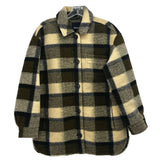 Plaid flannel zip-front jacket with stand collar, tan and dark green check pattern