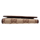 Brown Gucci tri-fold key case profile, GG monogram canvas with leather trim