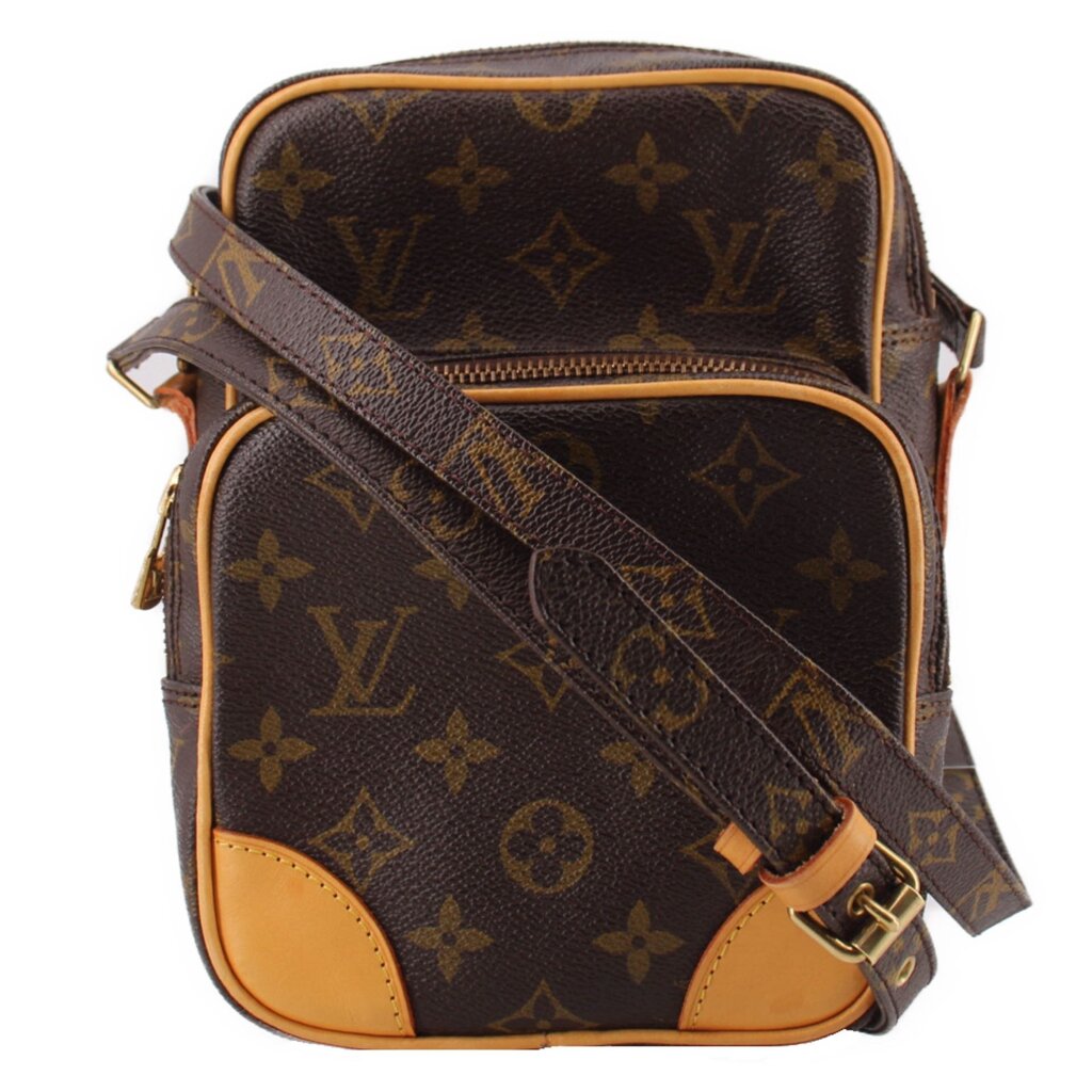 LOUIS VUITTON monogram crossbody bag with adjustable strap, zip top, tan leather trim