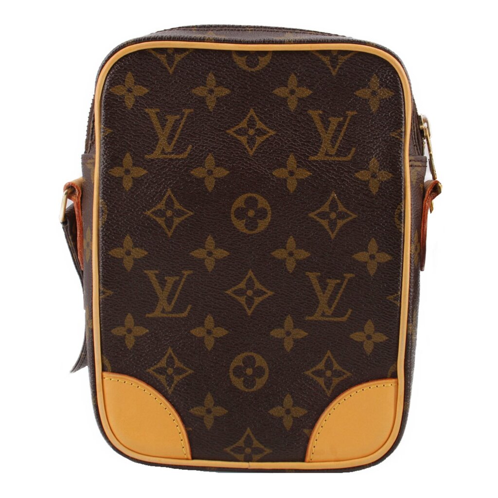 LOUIS VUITTON monogram crossbody bag front view, brown canvas with tan leather corner panels