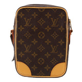 LOUIS VUITTON monogram crossbody bag front view, brown canvas with tan leather corner panels