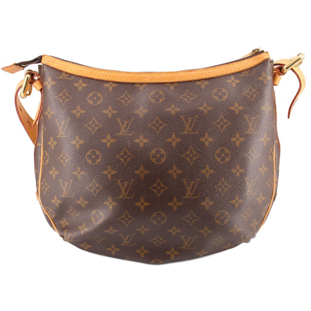Louis Vuitton Tulum GM crossbody bag front view, monogram canvas and tan piping