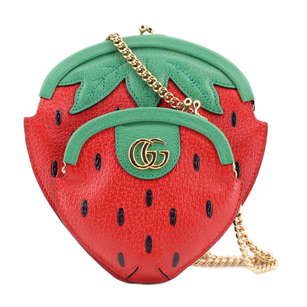 GUCCI strawberry crossbody bag with green top, red fruit shape, gold chain strap