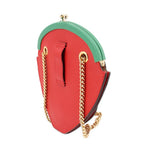GUCCI strawberry crossbody bag side view, red body, green trim, gold chain strap