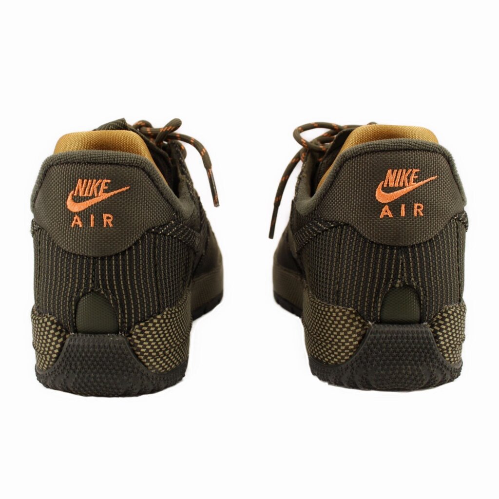 NIKE Air Force 1 Wild sneakers heel view, Nike Air patch on dark olive fabric