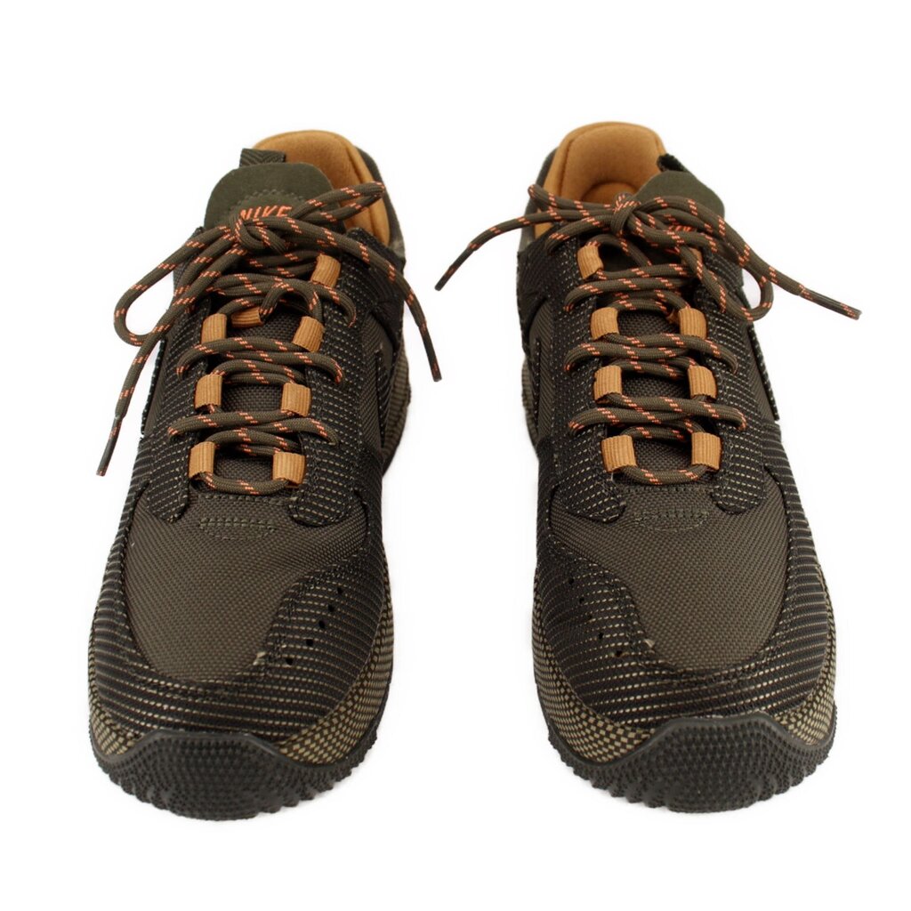 NIKE Air Force 1 Wild sneakers pair, dark olive uppers with orange-brown lace accents
