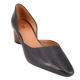 Black leather pointed-toe heeled pumps with tan interior lining, low block heel