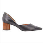 Black leather pointed-toe pumps with mid-height block heel and curved vamp