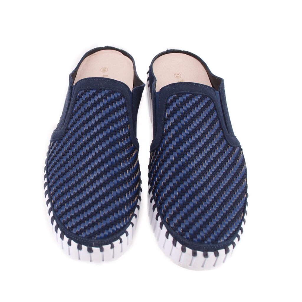 ILSE JACOBSEN navy woven mules with open back and cushioned insole