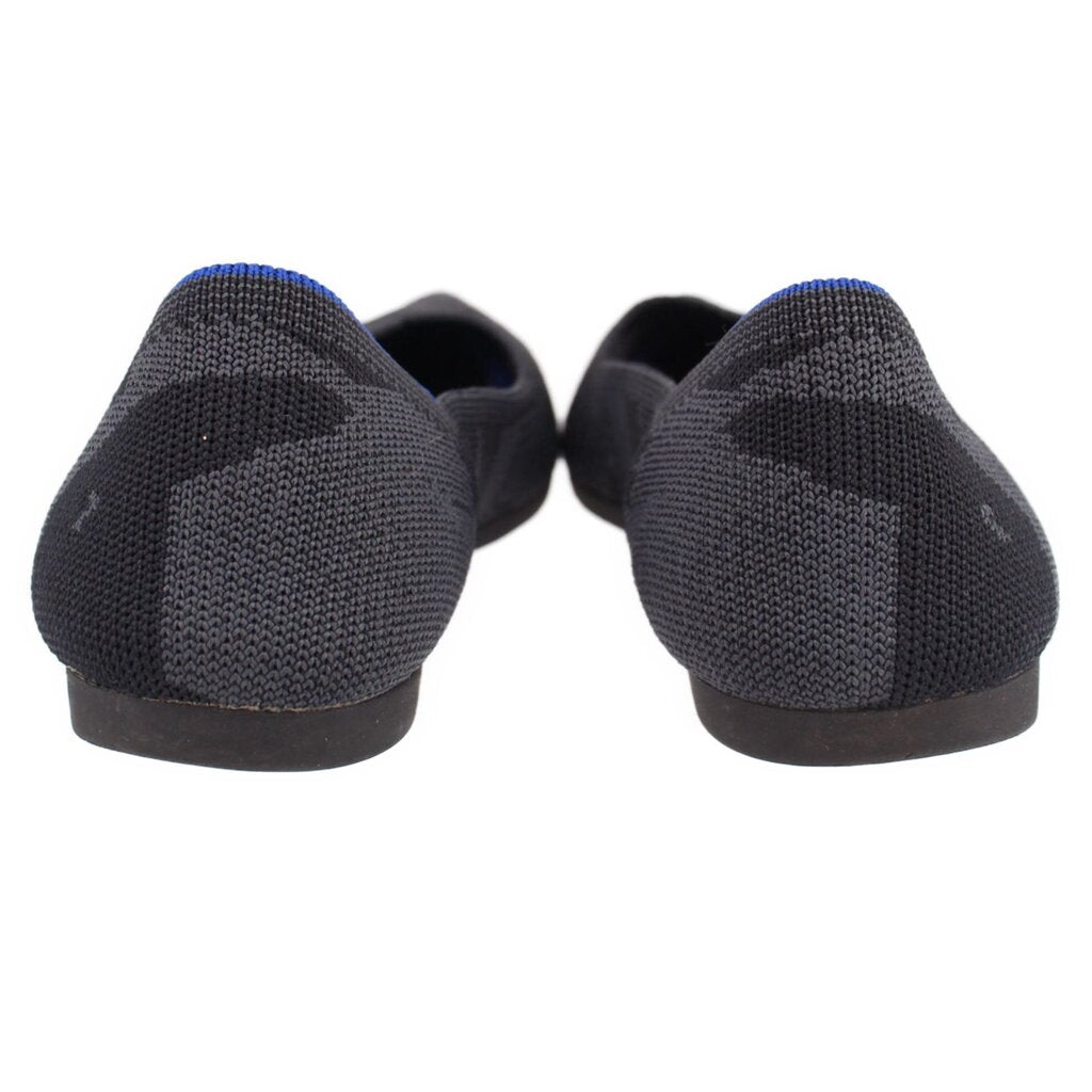 ROTHY'S gray camo flats, back view, dark heel and blue inner trim