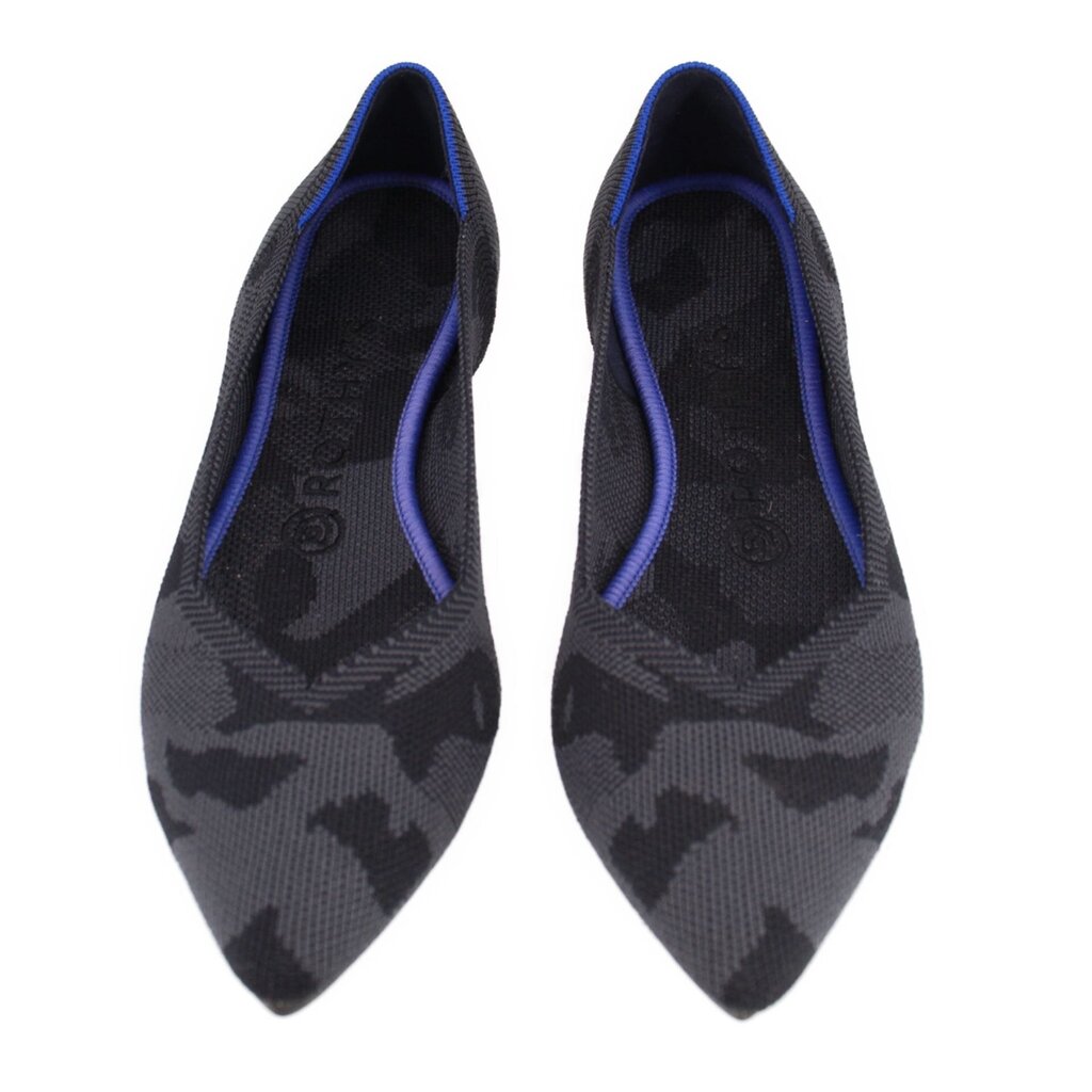 ROTHY'S gray camo flats, pair view, blue-trim topline and pointed toe