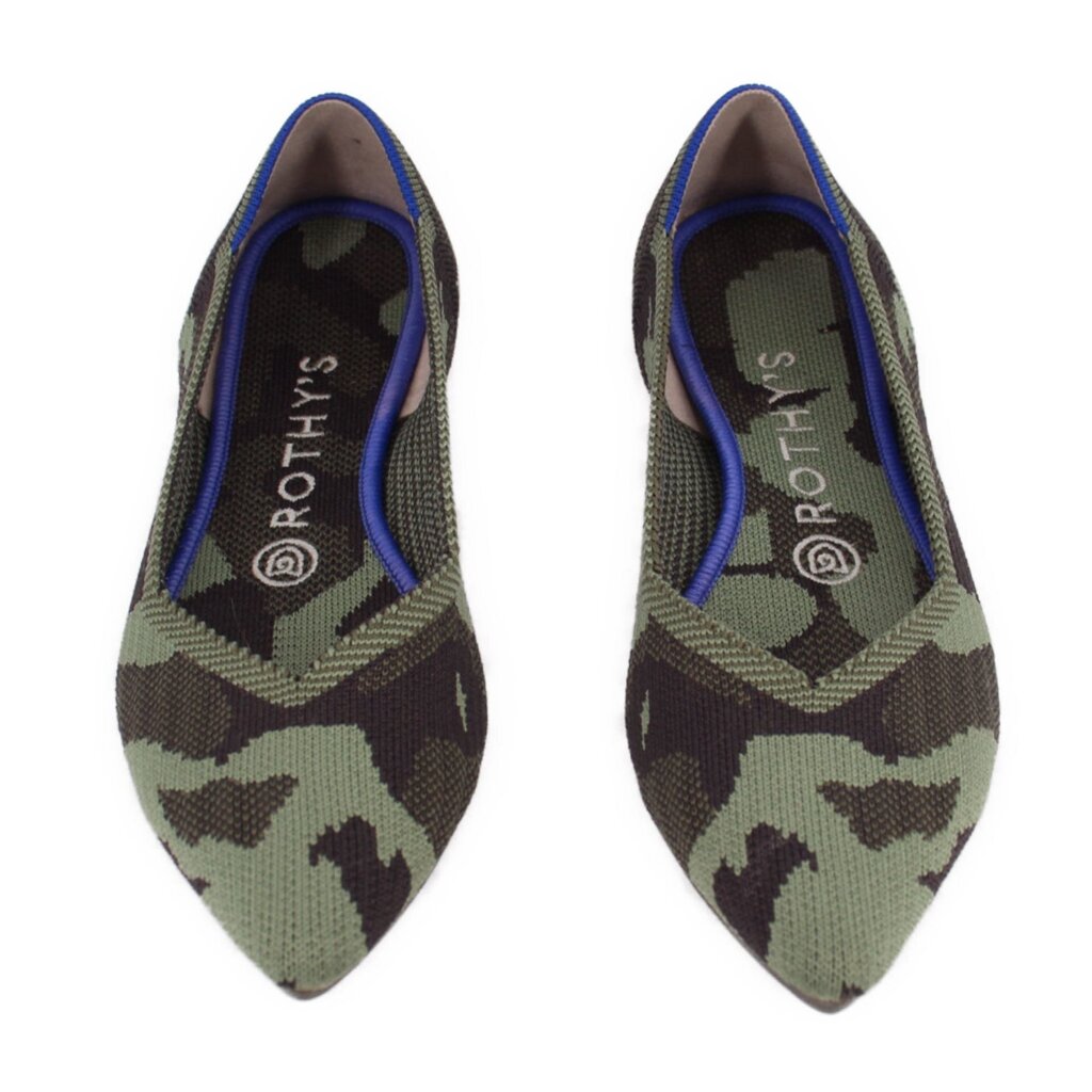 Pair of camo point-toe flats in green-brown pattern with blue trim
