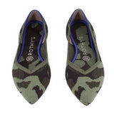 Pair of camo point-toe flats in green-brown pattern with blue trim