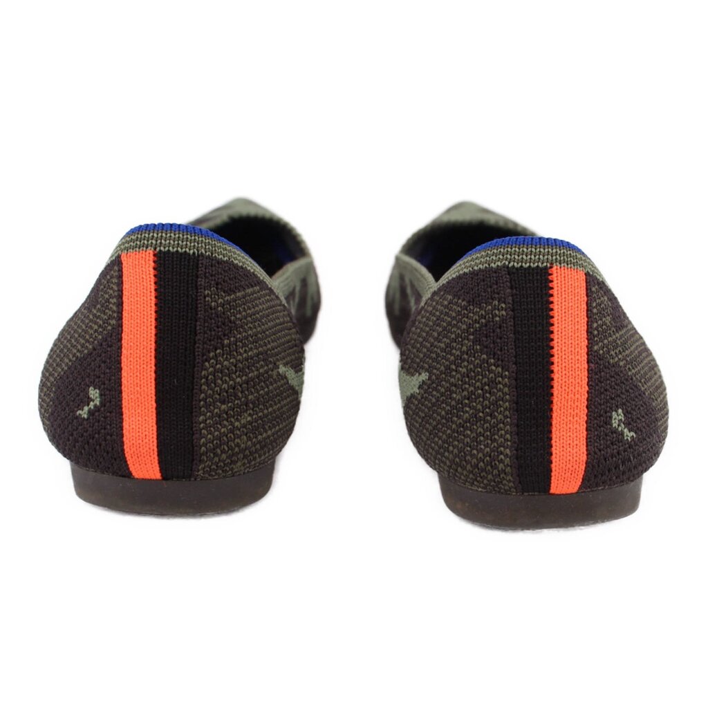 Back view of camo flats with green-brown pattern and orange heel stripe, blue trim