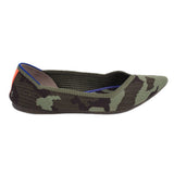 Camo slip-on flats, side view, green-brown pattern with blue lining and orange accent
