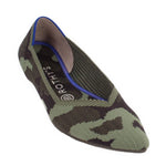 Camo point-toe flats with green-brown pattern and blue trim, slip-on style