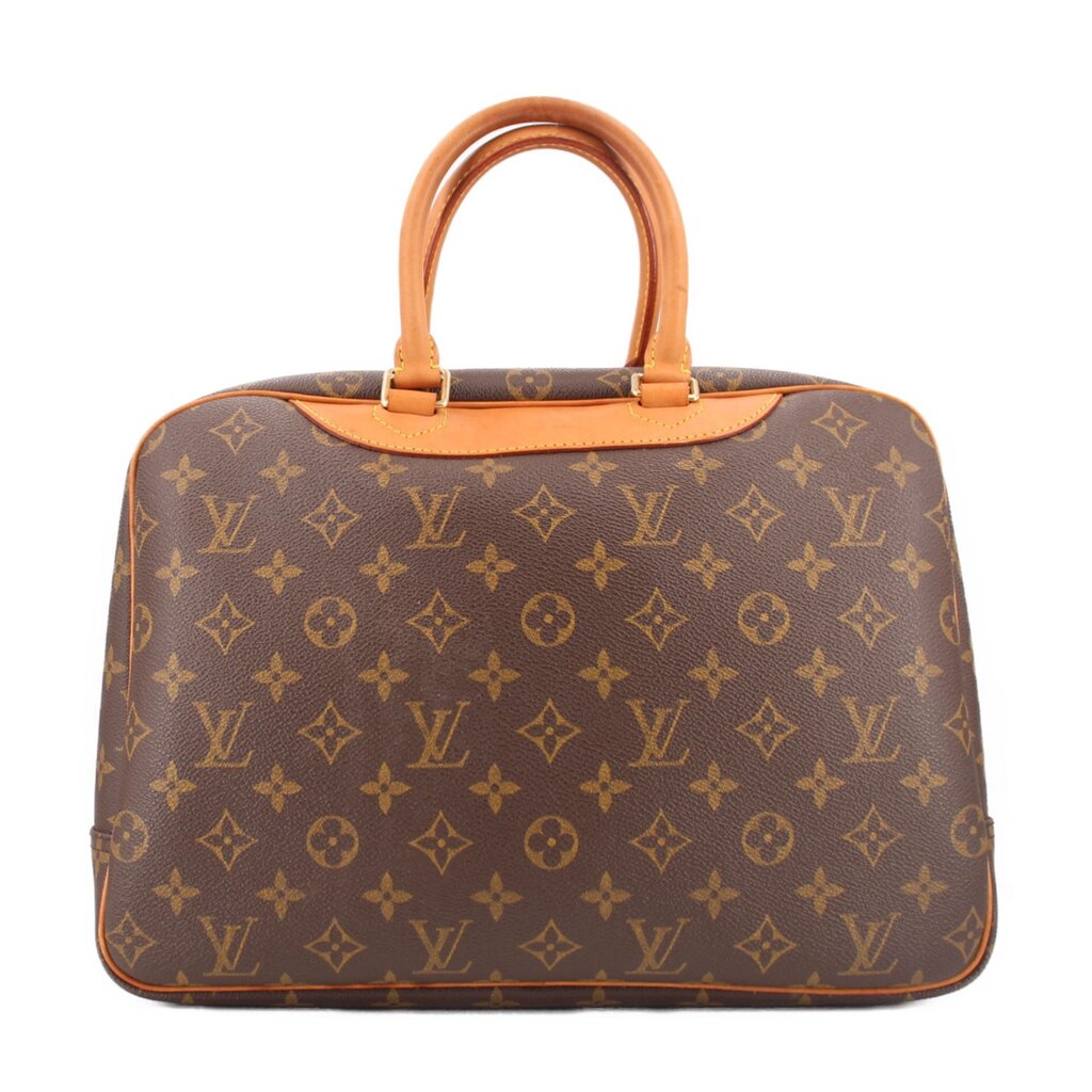 Louis Vuitton Deauville monogram travel bag top front view with tan leather trim