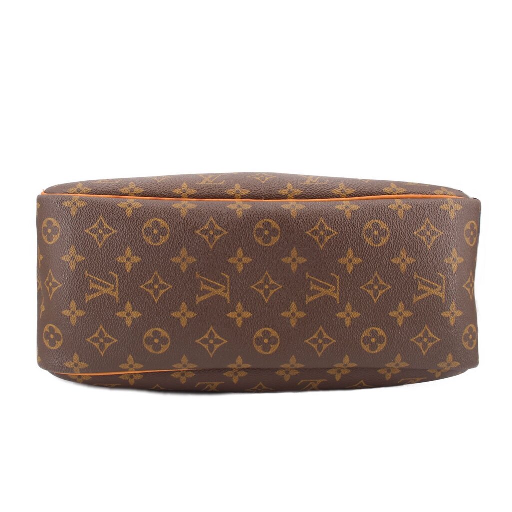 Louis Vuitton Deauville monogram travel bag bottom view with tan base edge trim