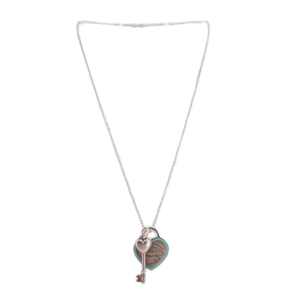Tiffany & Co. heart key pendant necklace, sterling silver with blue enamel heart