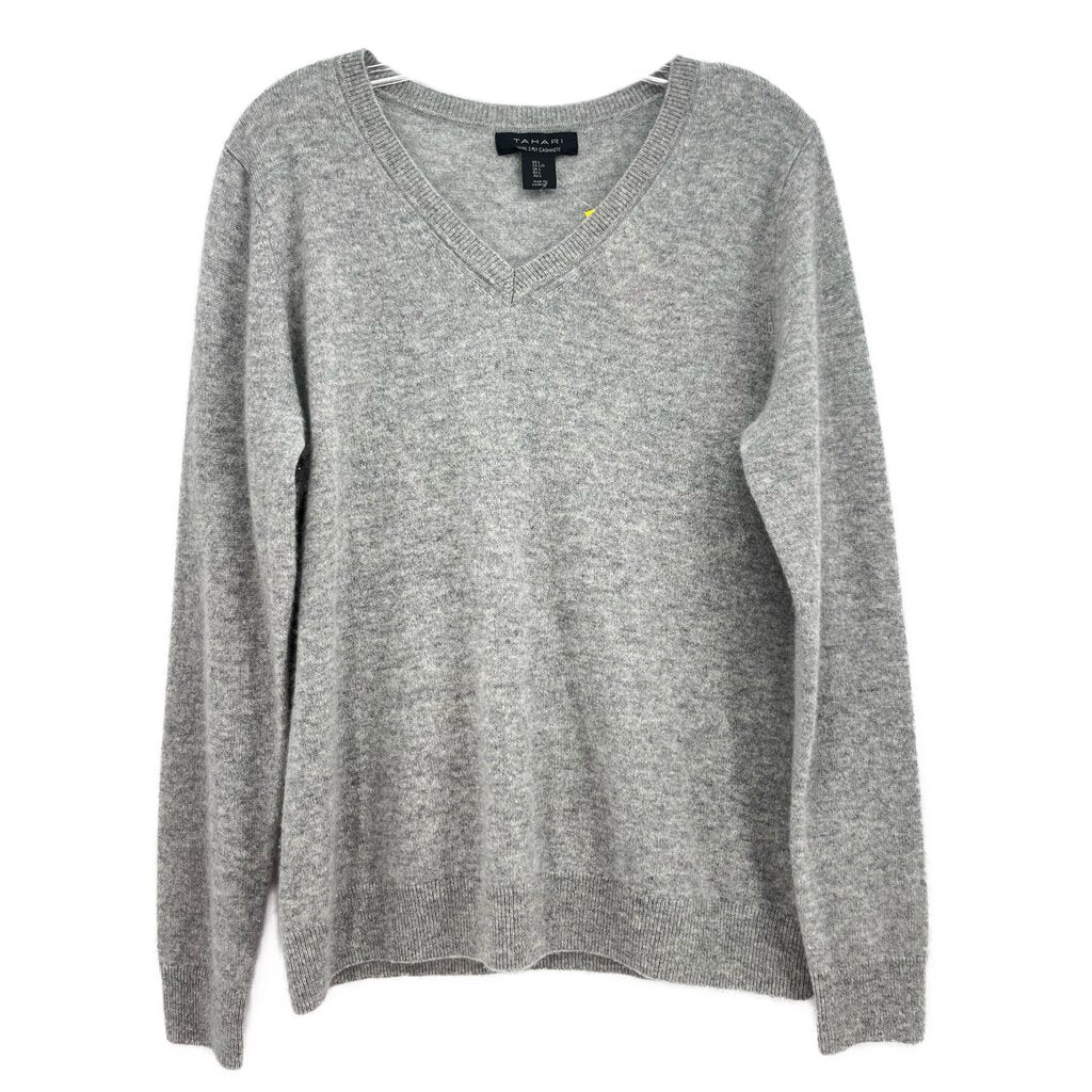 Gray cashmere V-neck sweater with long sleeves, ribbed trim